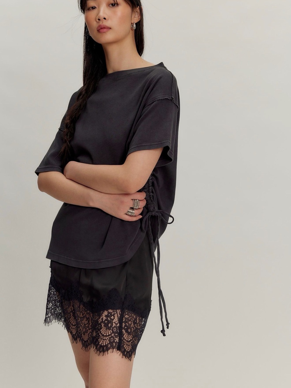 Free People Washed Charcoal Side-Tie Short Sleeve Tee